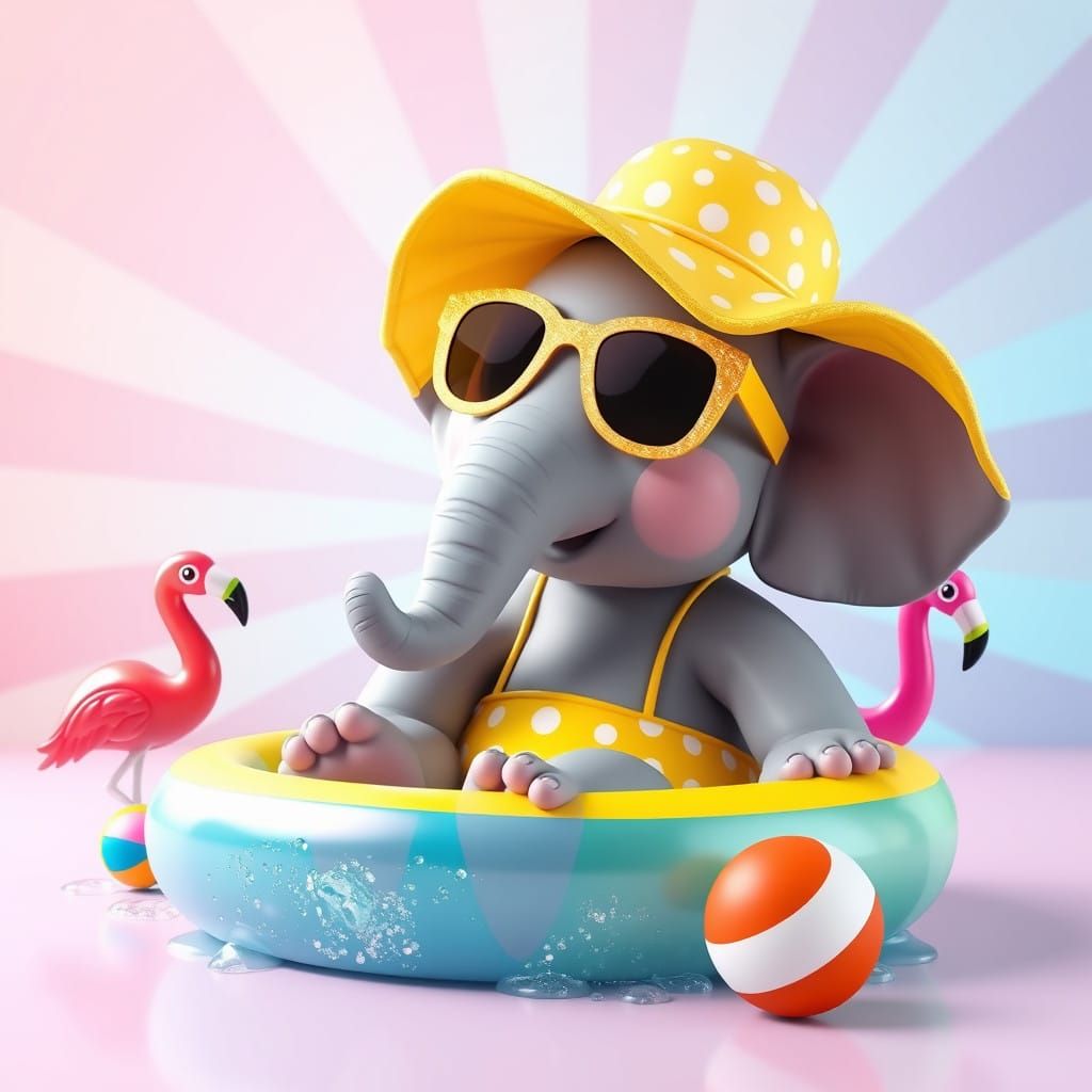 Vibrant Elephant in Polka-Dot Bikini Plays in Kiddie Pool