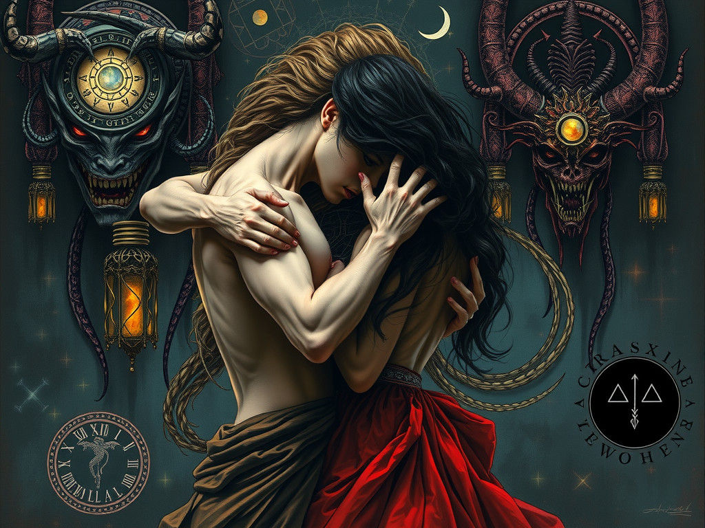 Intense Embrace in Mystical Gouache Painting