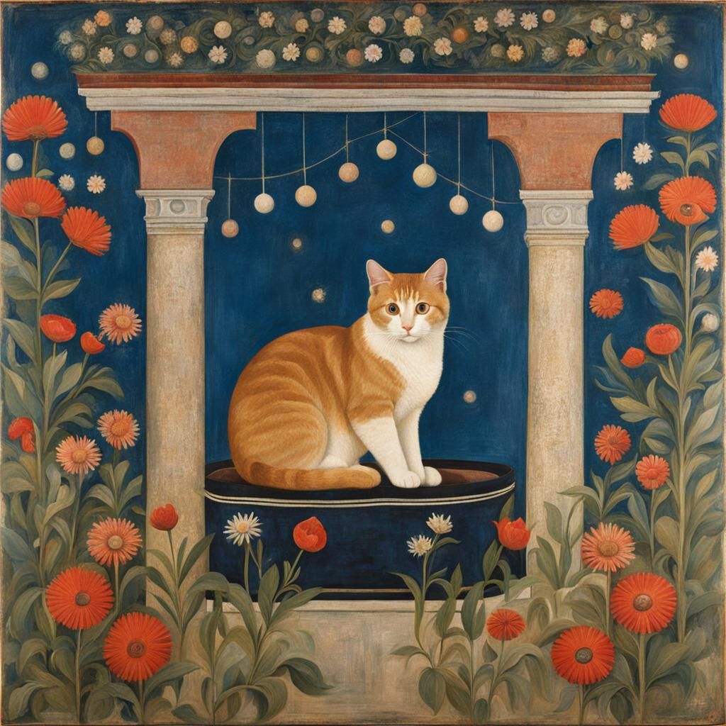 Cute Cat in Early Renaissance Egg-Tempera Painting