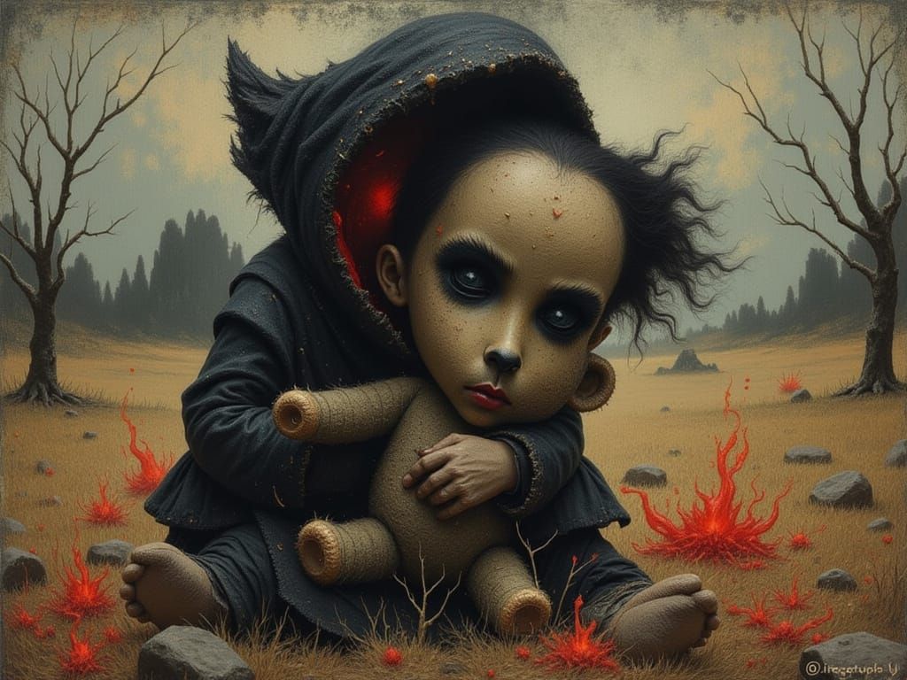 Macabre Child's Painting: Surrealist Figure with Teddy Bear