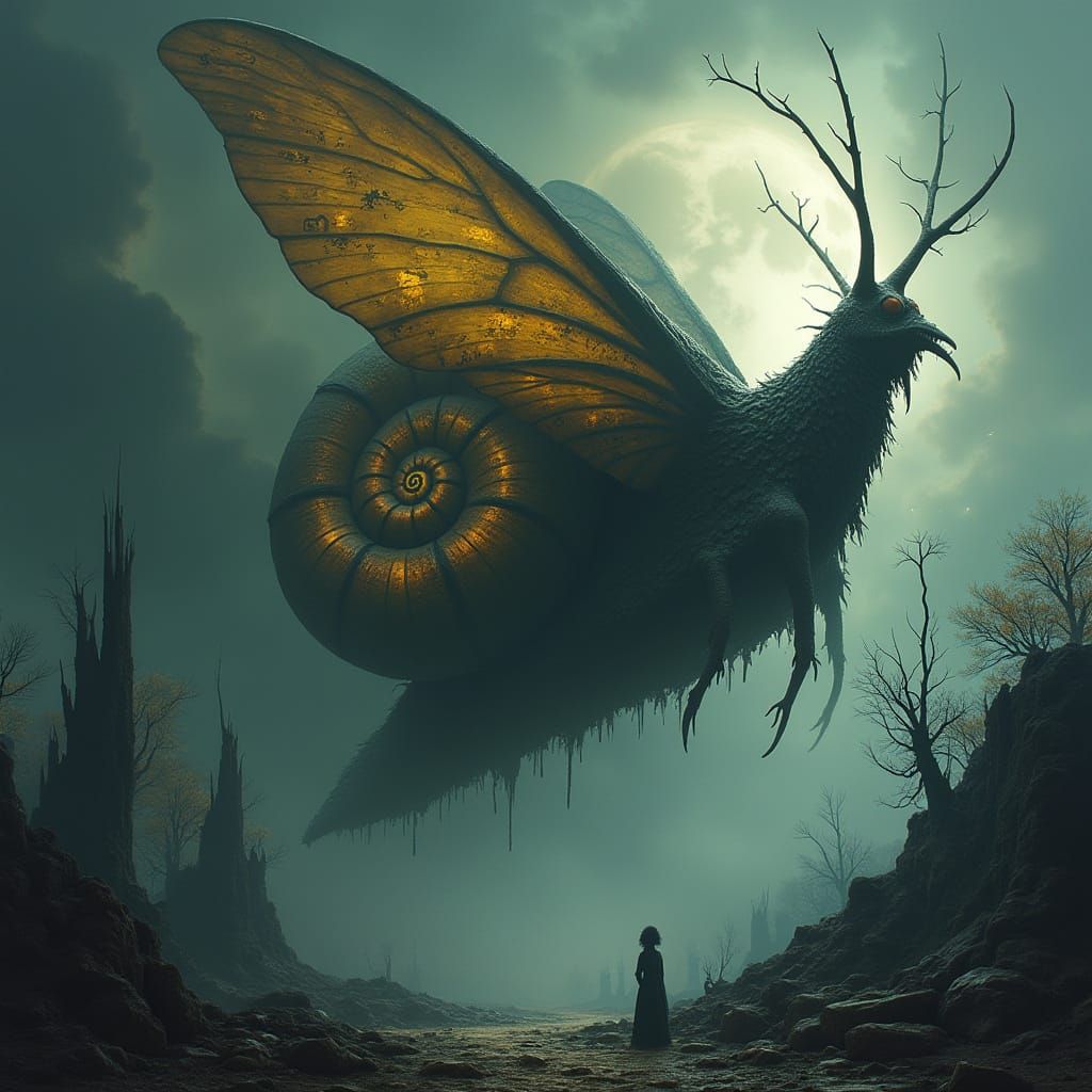 Ethereal Snail Emerges in Dark Fantasy Landscape