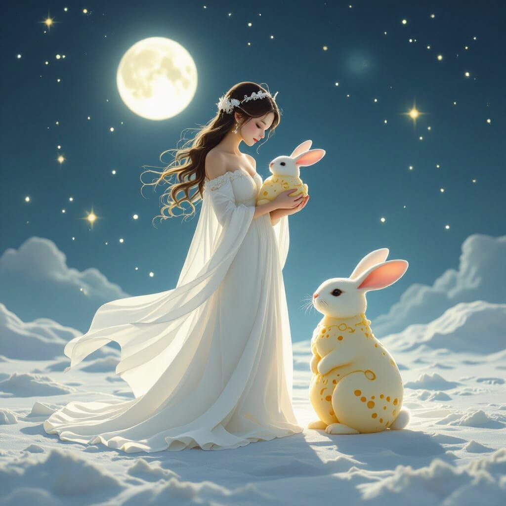 Goddess on Moon with Cheese Rabbit in Ethereal Style