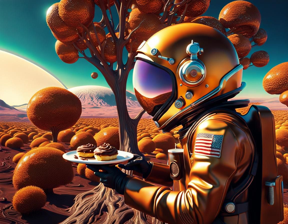 Steampunk Astronaut in Cyberpunk Donut Landscape