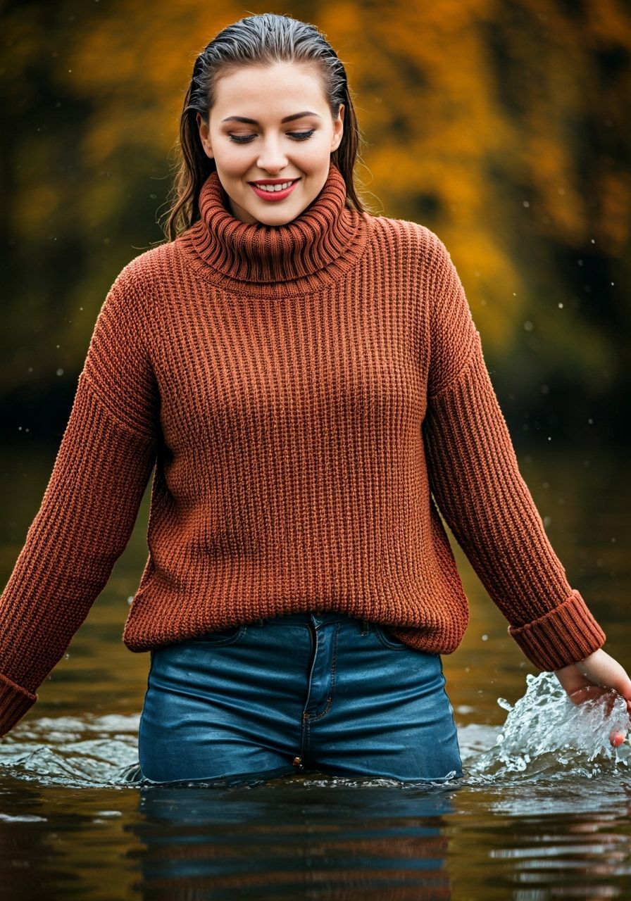 Woman Mischievously Splashing in Autumn Water