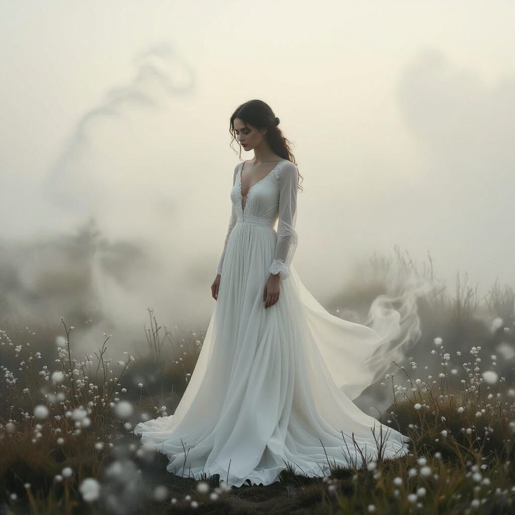Ethereal Woman in Misty Landscape, Dreamy Art