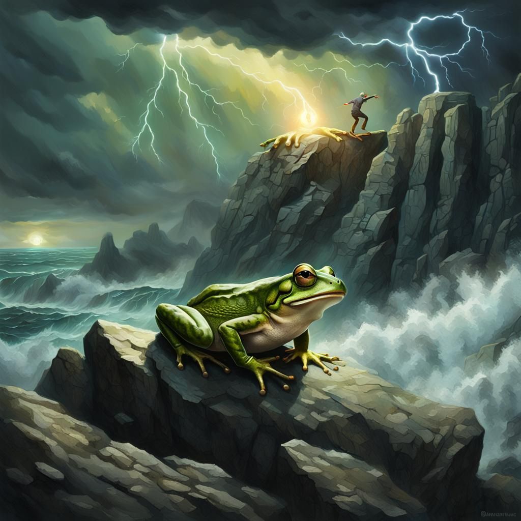 Giant Frog Dominates Stormy Sea: Digital Painting