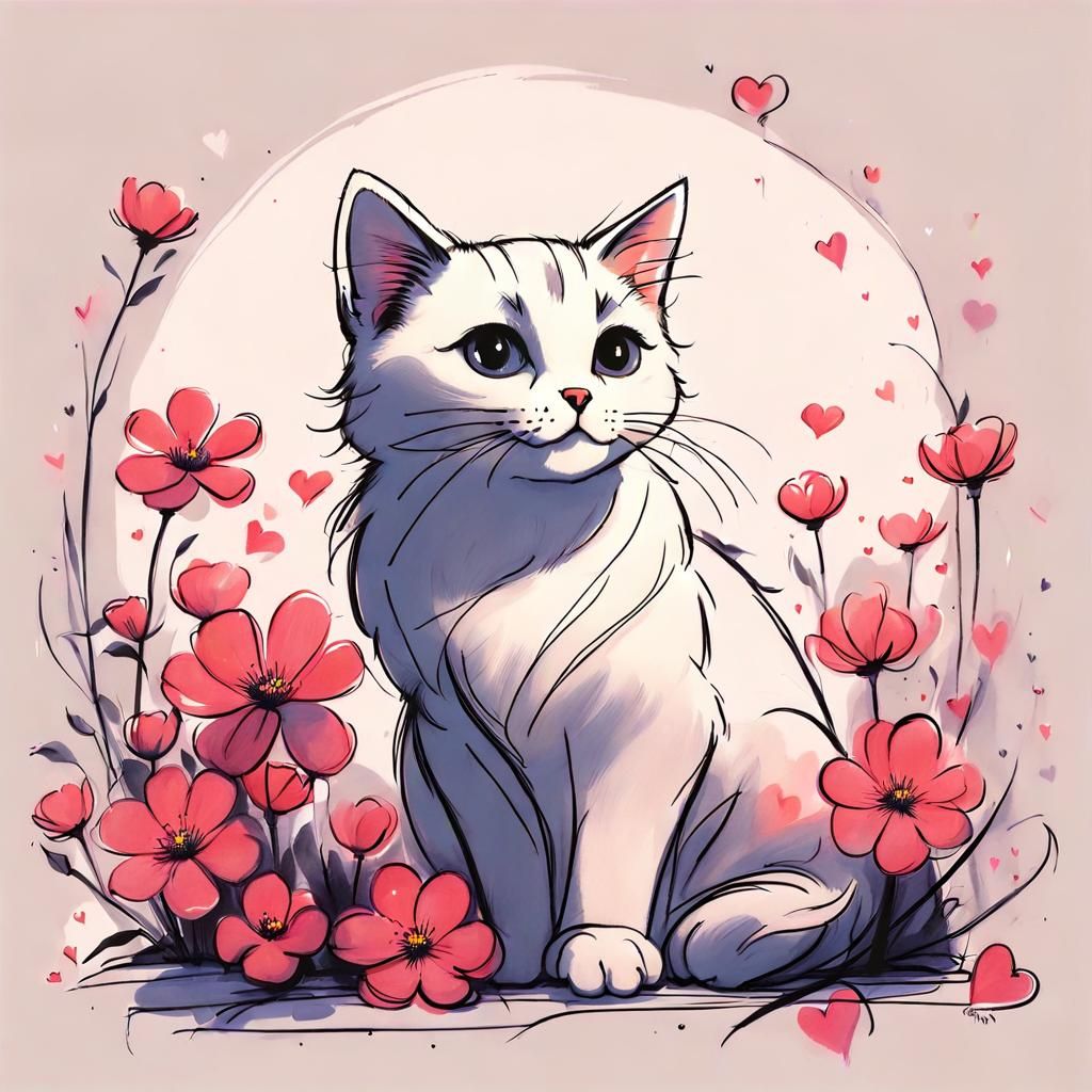 Cat Surrounded by Flowers in Animation Style