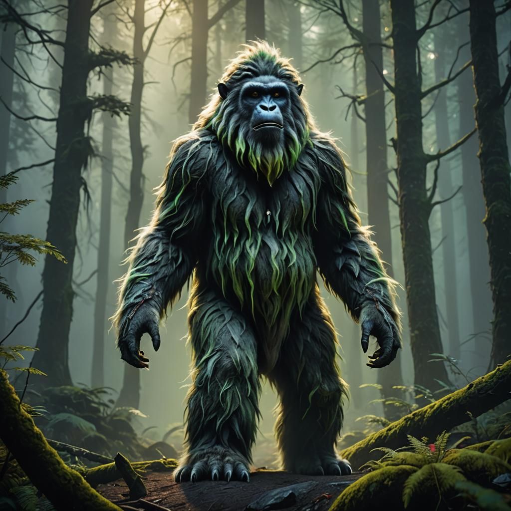 Female Yeti with Green Fur in Misty Forest
