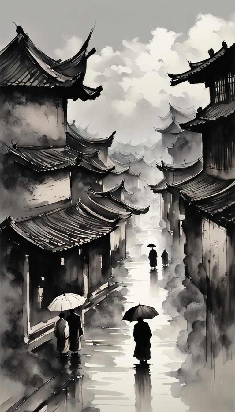Minimalist Chinese Ink Painting of Rainy Market