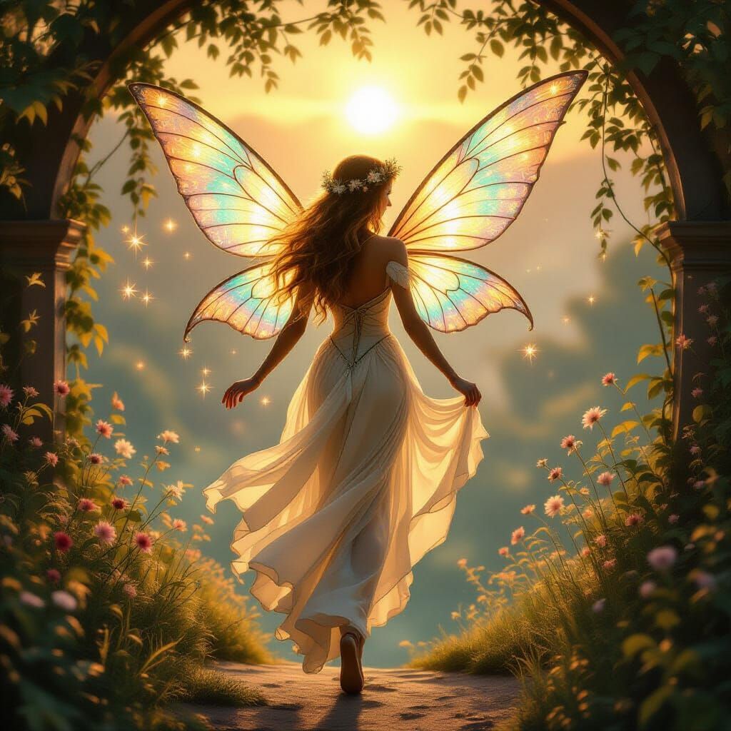 Ethereal Fairy Descends from Celestial Realm in Luminous Sty...