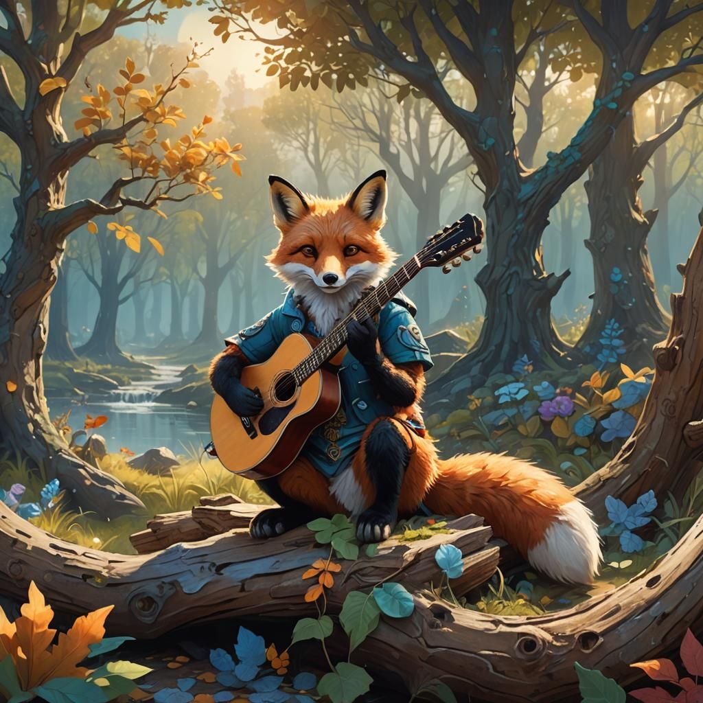 Fox Plays Guitar in Vibrant Landscape, Digital Painting