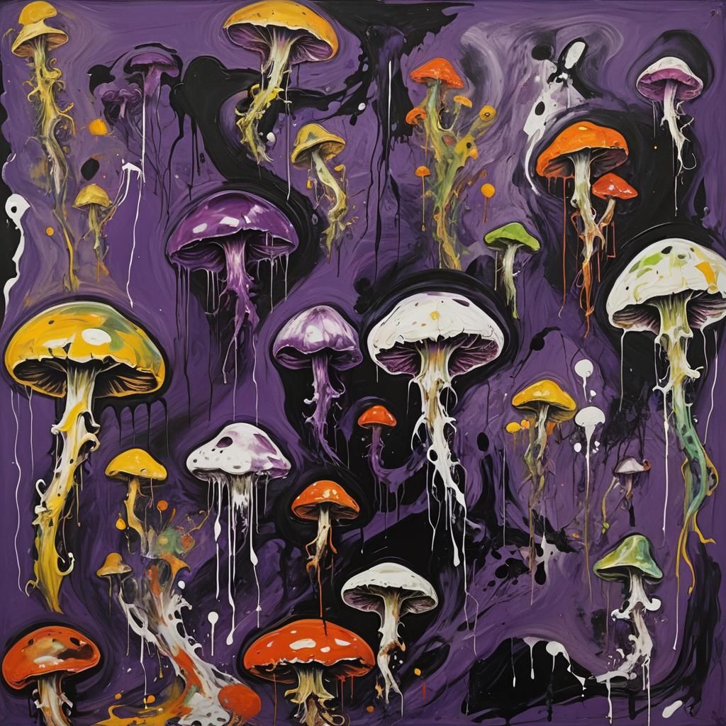 Vibrant Grunge Painting of Mushrooms in Deep Purple Drip Sty...