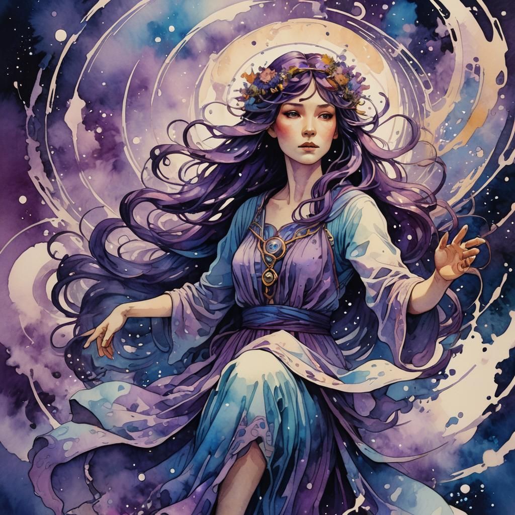 Mystical Sorceress Conjuring Magic: Watercolor Ink Splatter