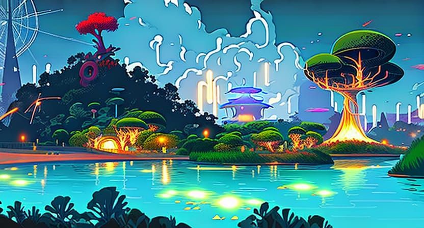 Dystopian Oasis with Fireflies in Pop Art Style