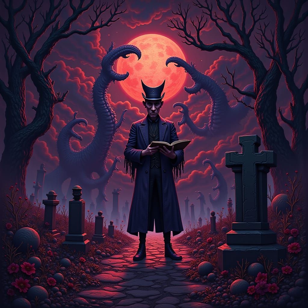 H.P. Lovecraft in Graveyard with Eldritch Entities Under Blo...