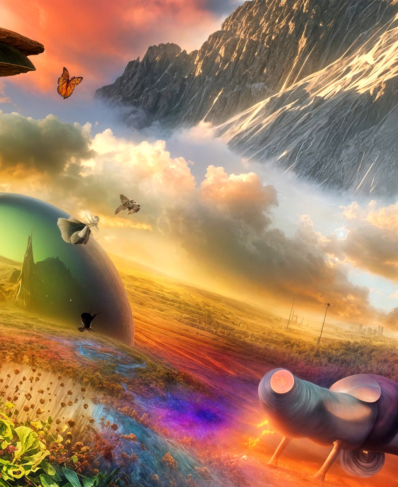Futuristic Cityscape with Bizarre Creatures in Vivid Color