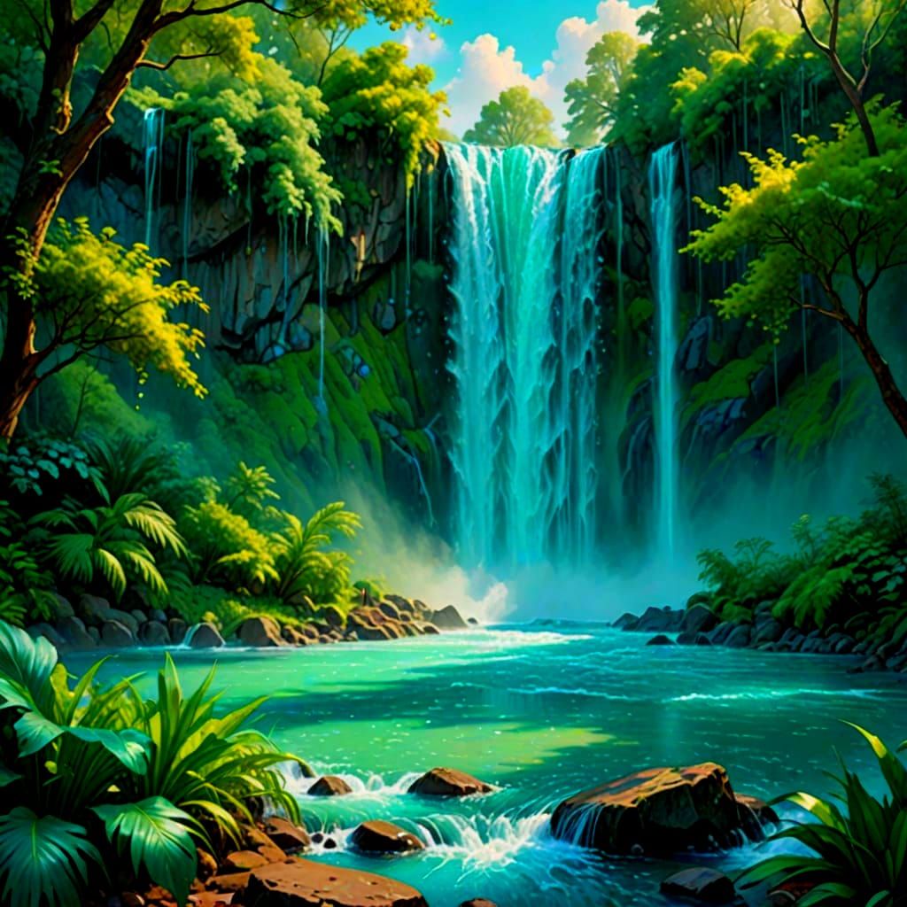 Turquoise Waterfall in a Lush Environment