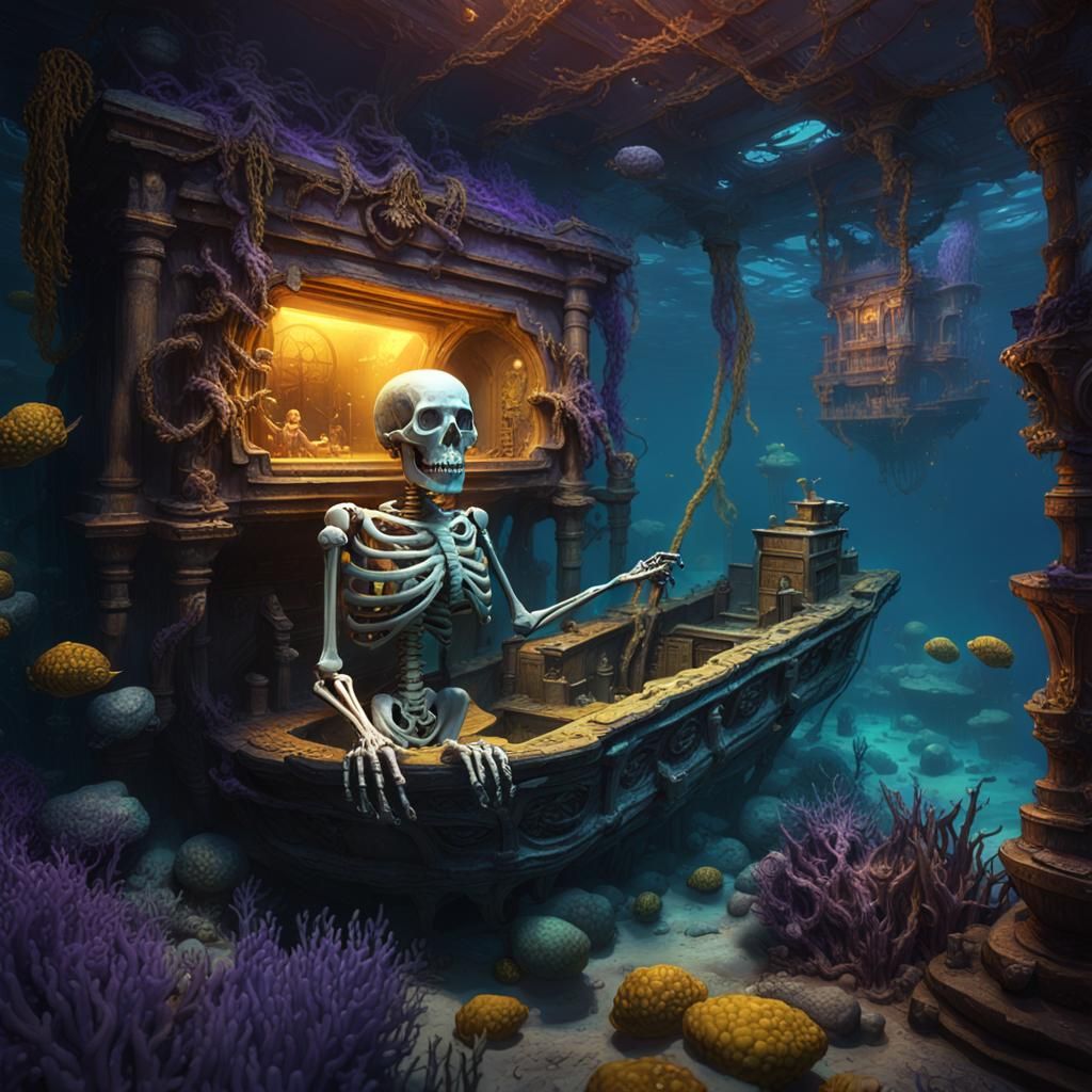 Underwater Shipwreck Skeleton in Dark Fantasy Style