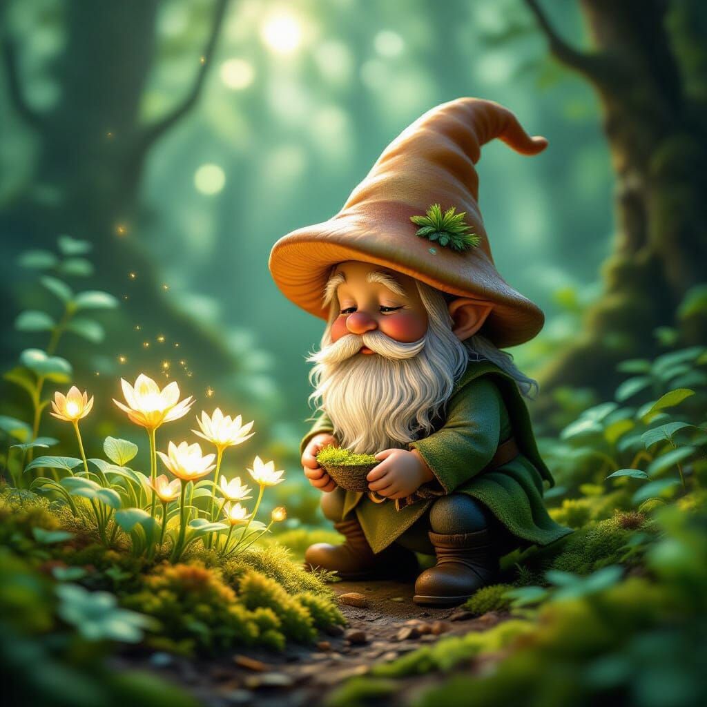 Intricate Gnome Tending Bioluminescent Garden in Forest