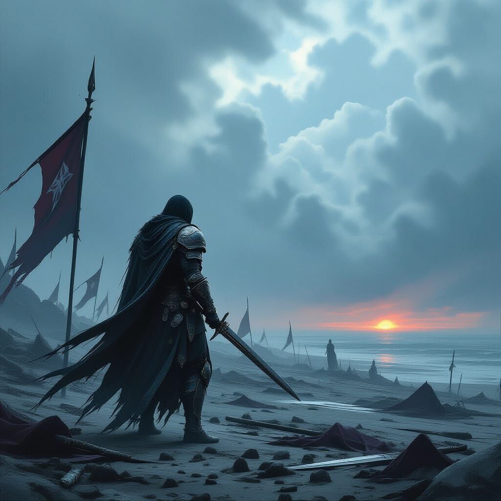 Lone Warrior on Desolate Battlefield in Epic Digital Paintin...