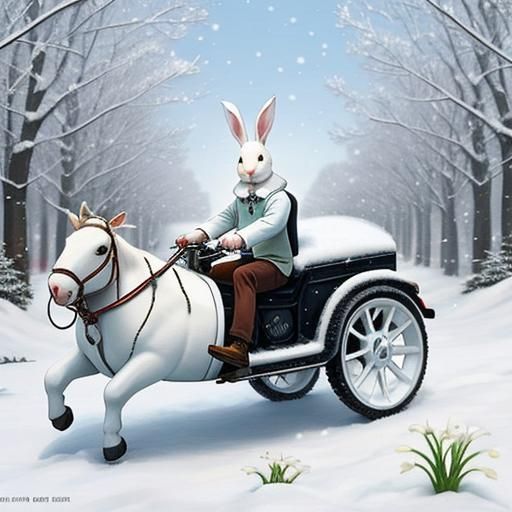 Rabbit ride on a white cow in whimsical world of many sprink...