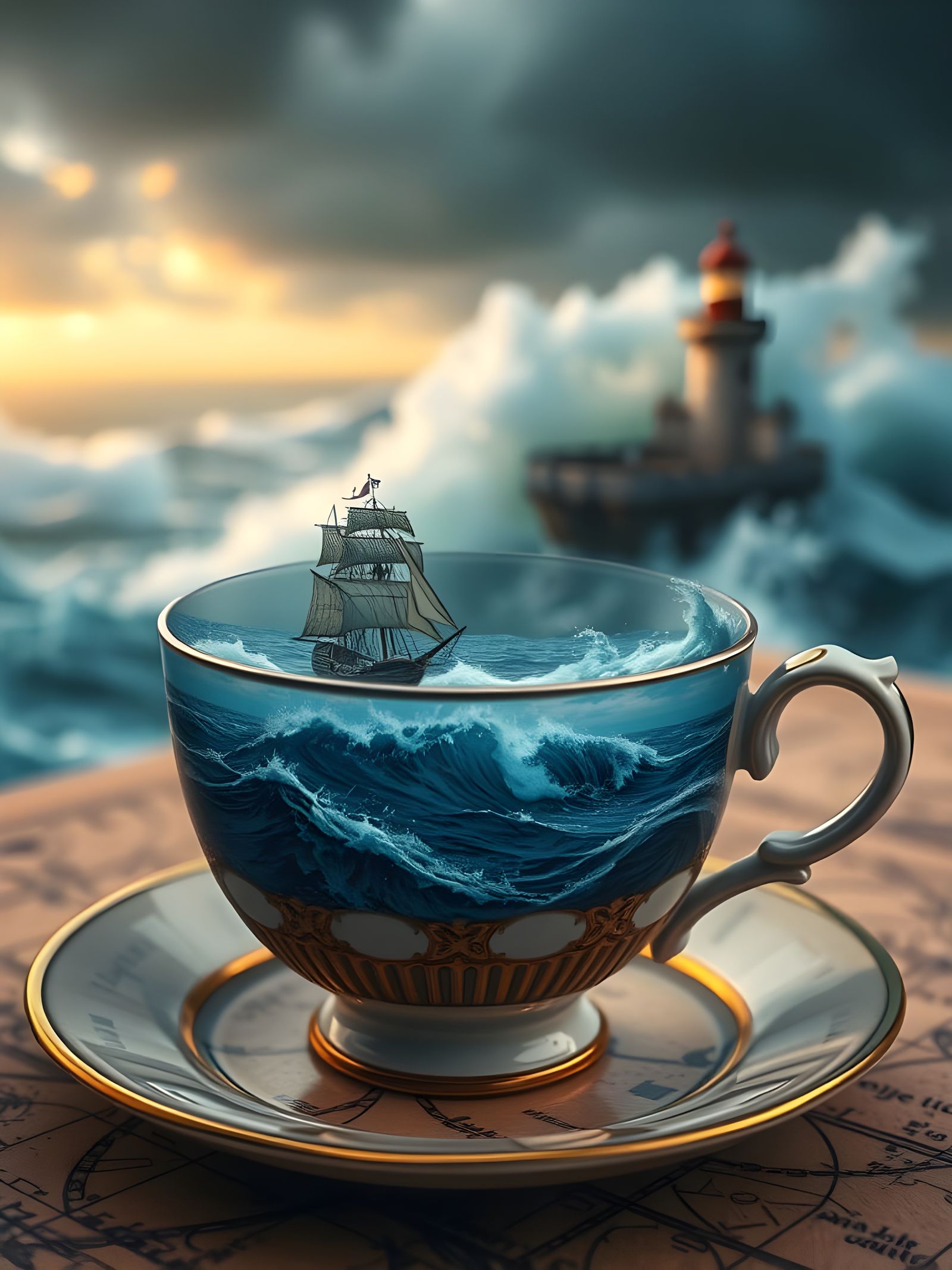 Stormy Ocean Scene in Teacup with Lighthouse