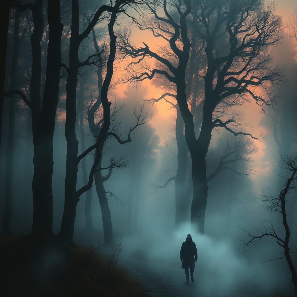 A lone figure shrouded in mist, walking through a dense fore...