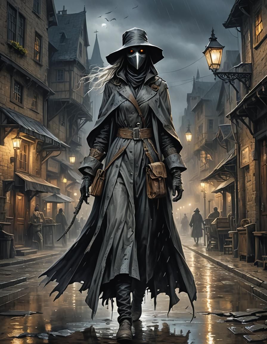 Plague Doctor Girl in Dark Sci-Fi Watercolor