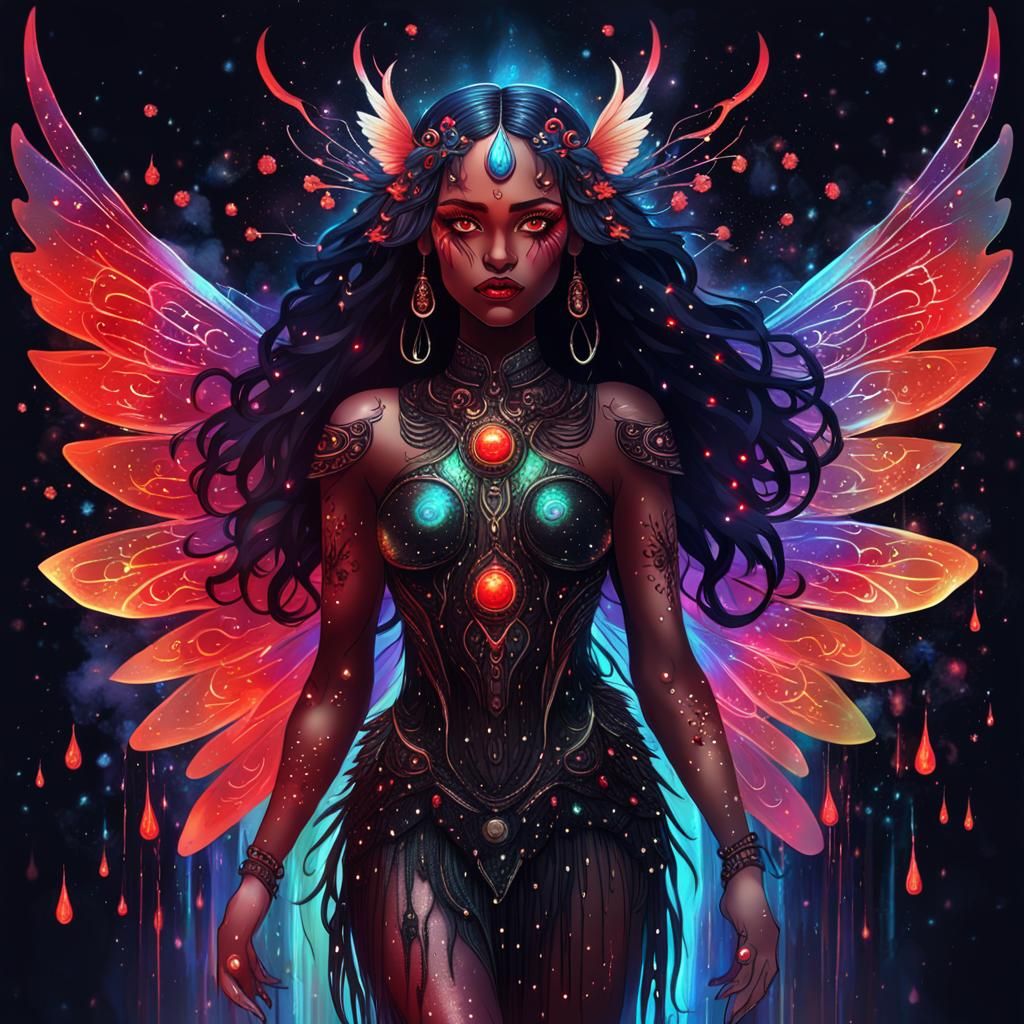Cosmic Goddess Fairy with Red Eyes and Wings