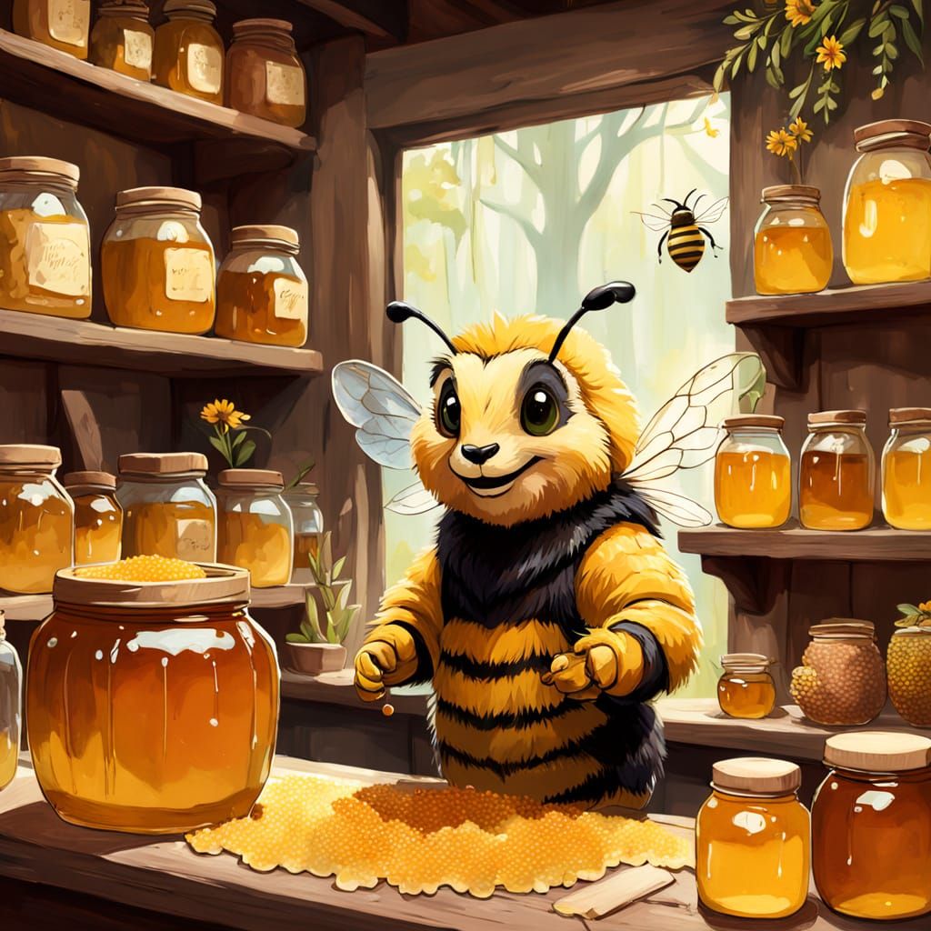 Anthropomorphic fuzzy Bee shop owner stands behind counter, smiling, amidst jars of honey and honeycombs. Digital fantas...