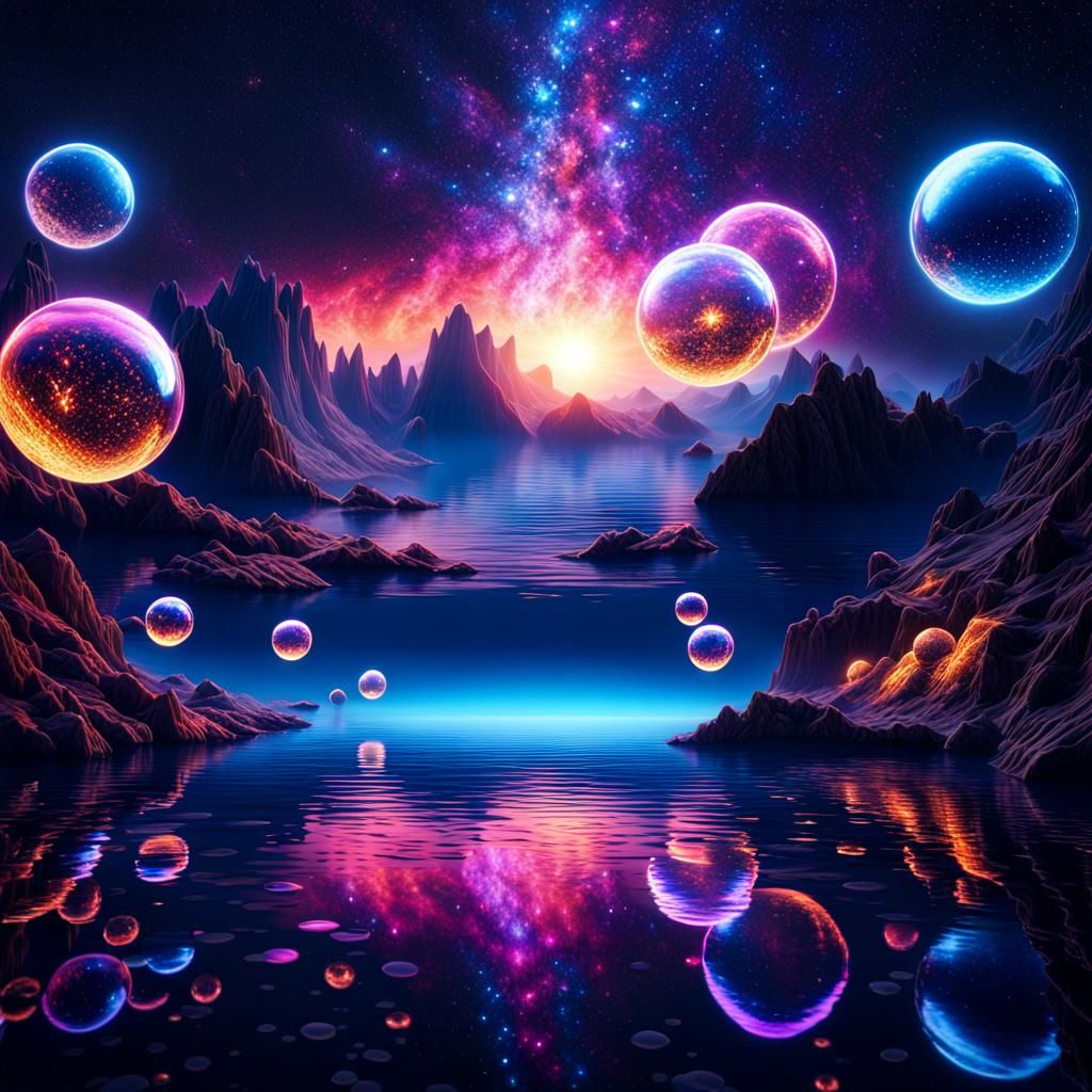 Glowing Bubbles Over Glitter Lake in Fantasy Landscape