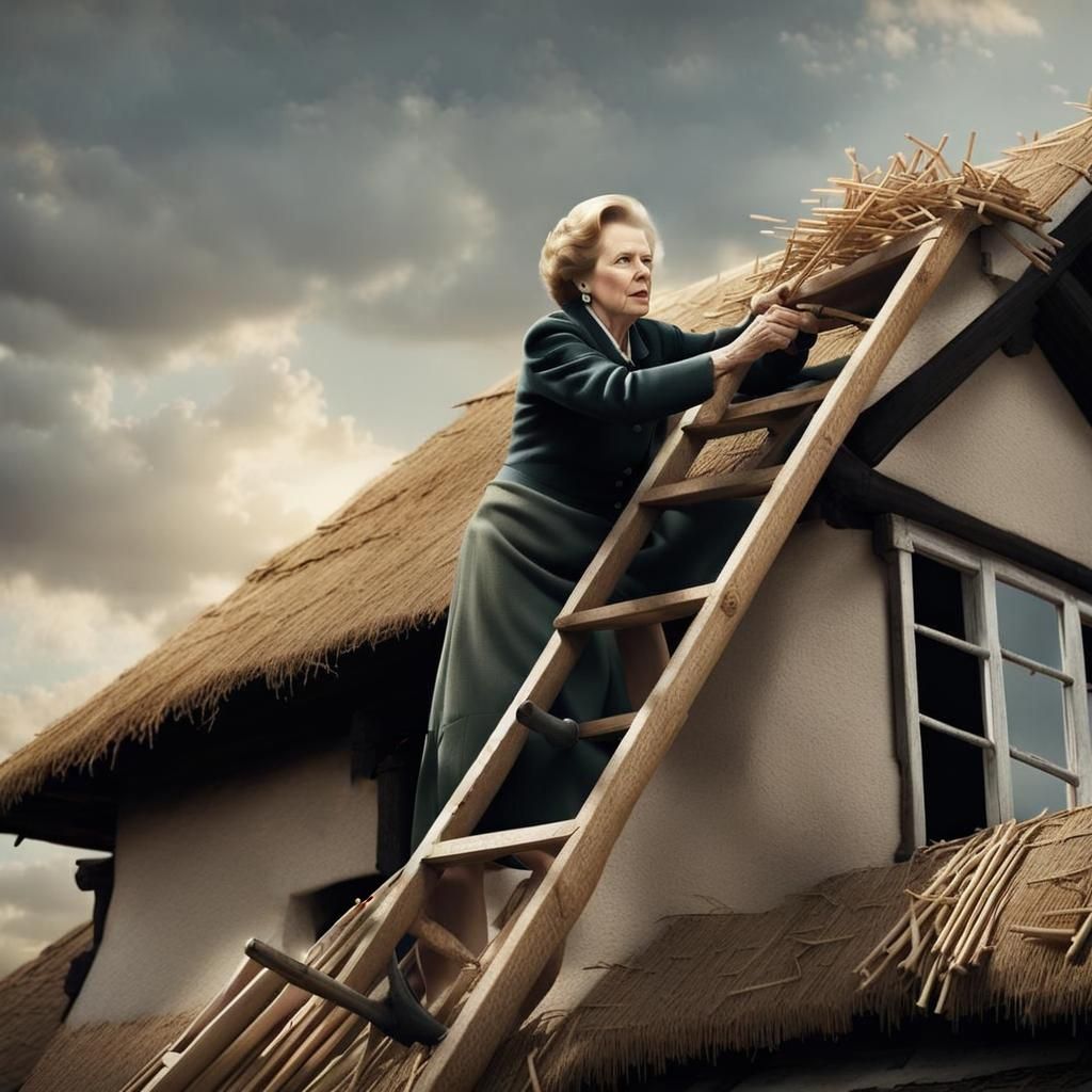 Margaret Thatcher working as a thatcher.