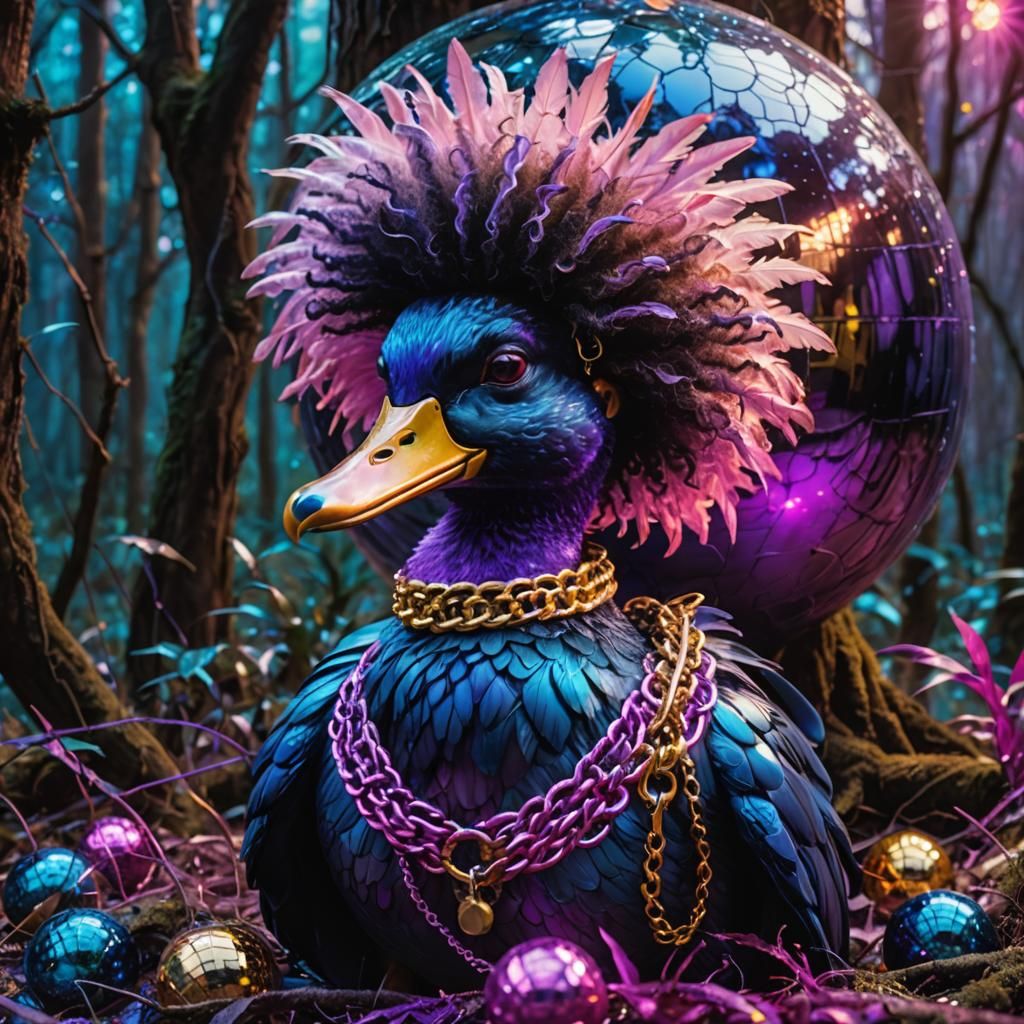 Surreal Afro Duck in Mystical Forest