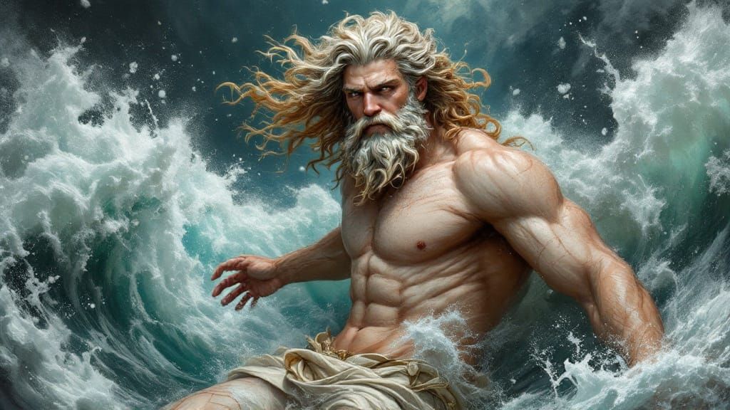 Hyperrealistic Poseidon in Classical Style Splash Art