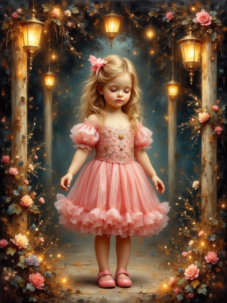 Baroque Toddler Girl in Victorian Gazebo at Dawn