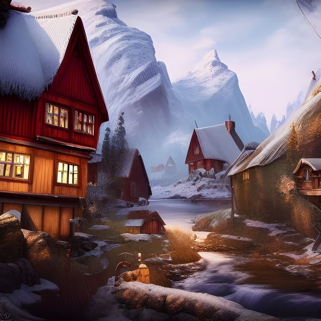 Fantasy Norwegian Village in Detailed Matte Painting Style