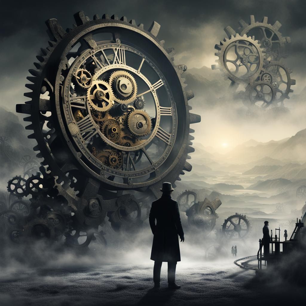 Clockwork Time Mechanism in Misty Landscape