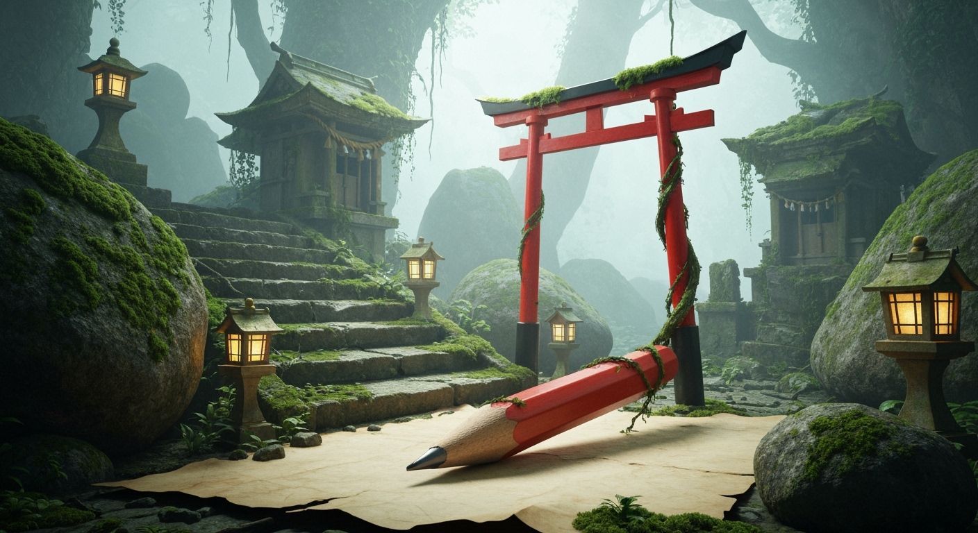 Torii Gate Grows From Pencil in Ruined Shrine