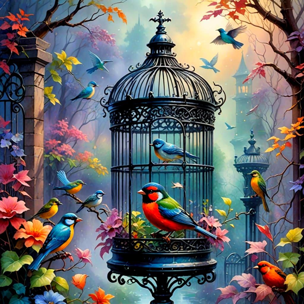 Vivid Bird in Wrought Iron Cage, Ethereal Fantasy Art