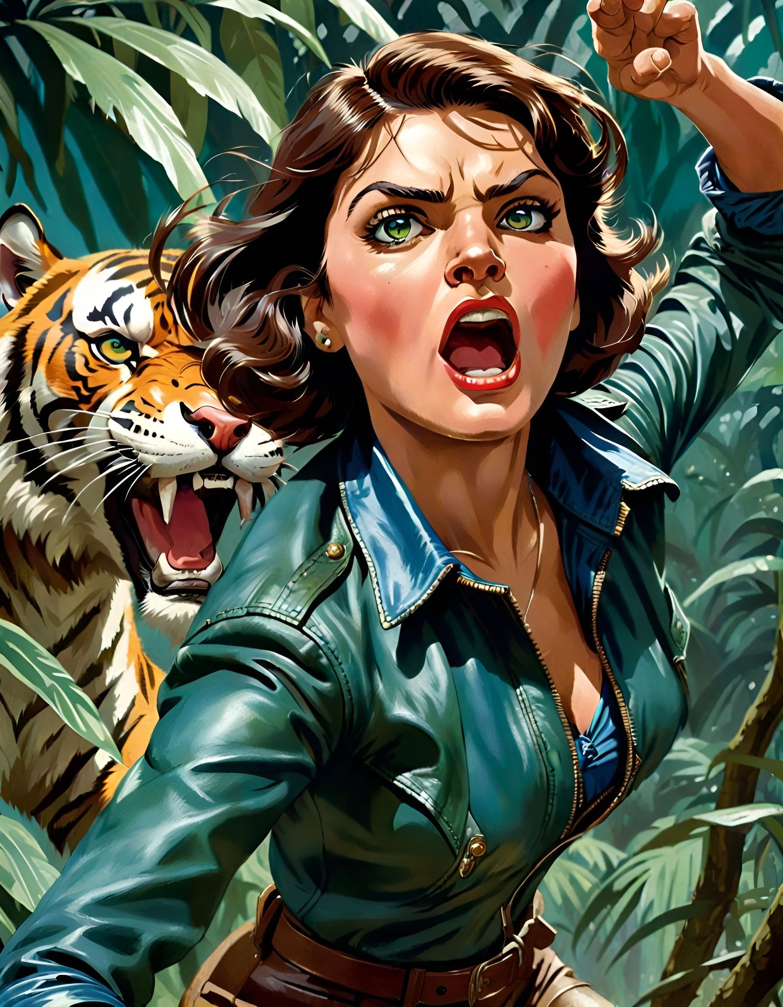 Pulp Action Hero Confronts Tiger in Jungle