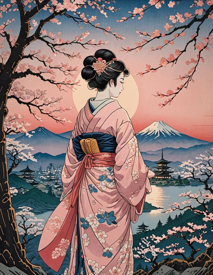 Ukiyo-e Geisha in Cherry Blossom Landscape