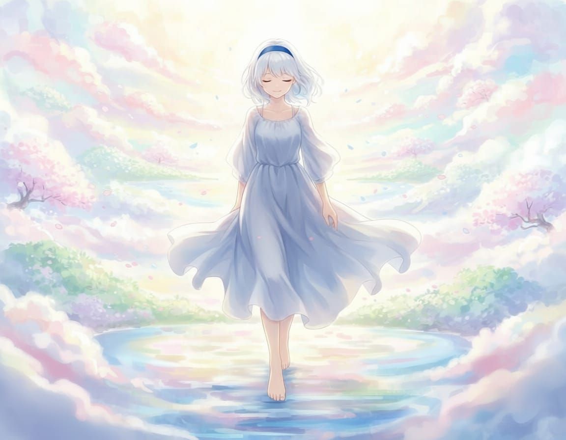 Dreamy Anime Girl Walks Through Colorful Fog