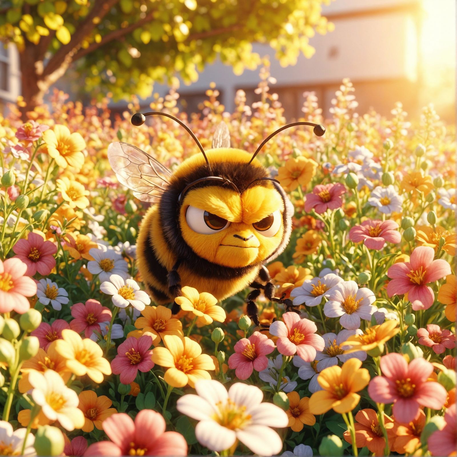 Grumpy Bumblebee Cartoon in a Sunny Flower Garden