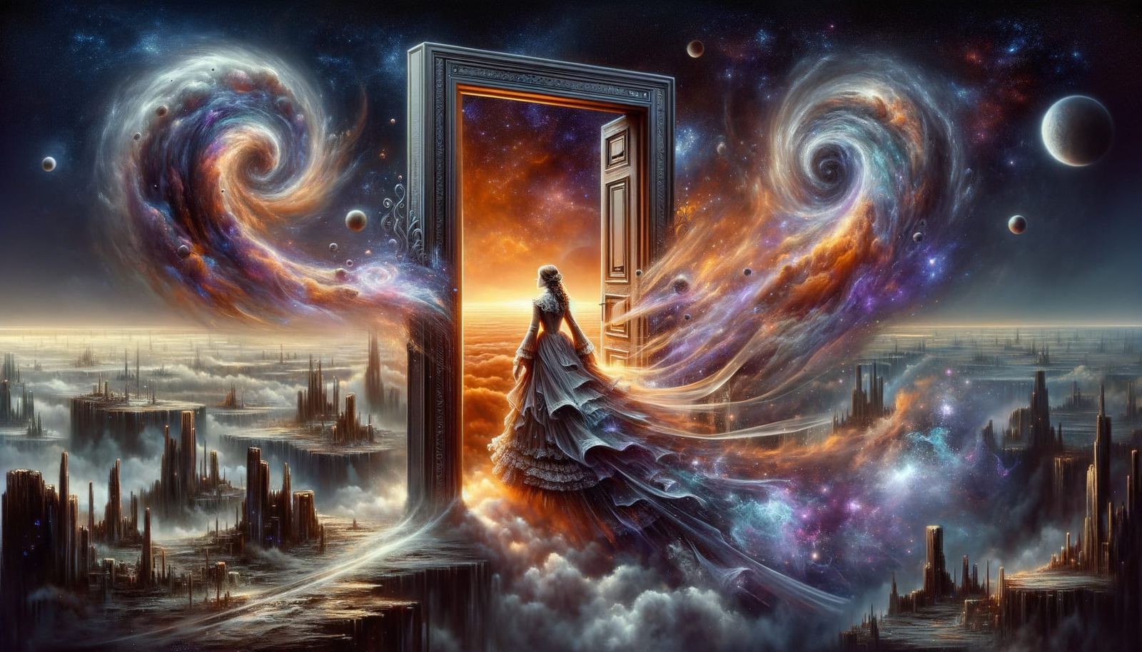 Surreal Sci-Fi Landscape with Cosmic Entity Embrace