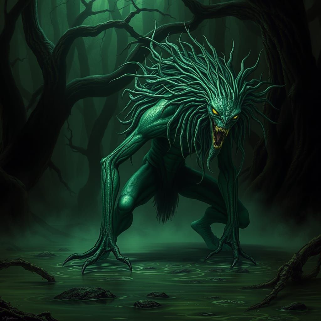 a creature with an elongated head, long arms, crouched legs,...