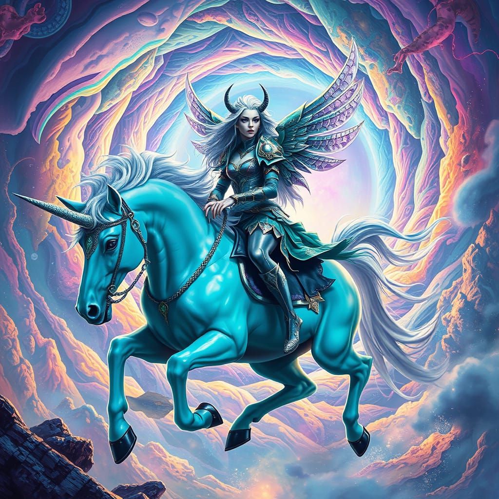 Majestic Valkyrie Rides Unicorn Through Cosmic Dreamscape