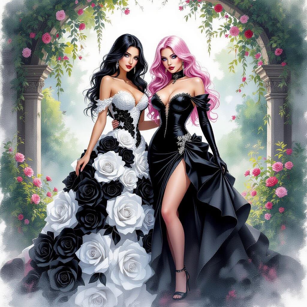Two Women in Rose Gowns in Black and White Garden