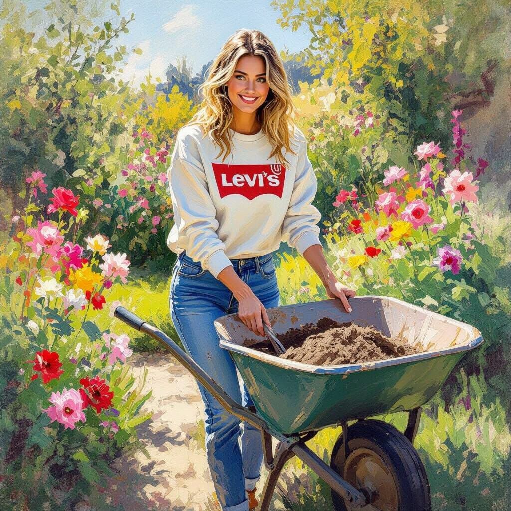 Woman Gardening in Impressionistic Outdoor Scene
