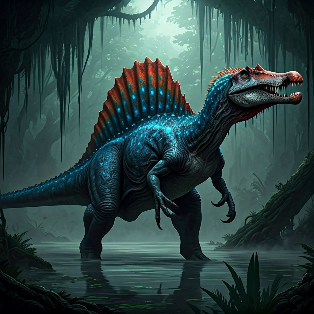 Bioluminescent Spinosaurus Roars in a Dark Fantasy Swamp