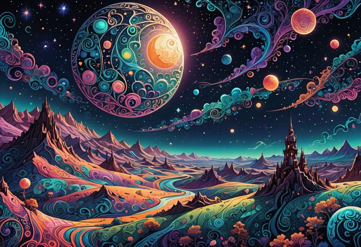 Dreamlike Lunar Landscape in Vector Art Style